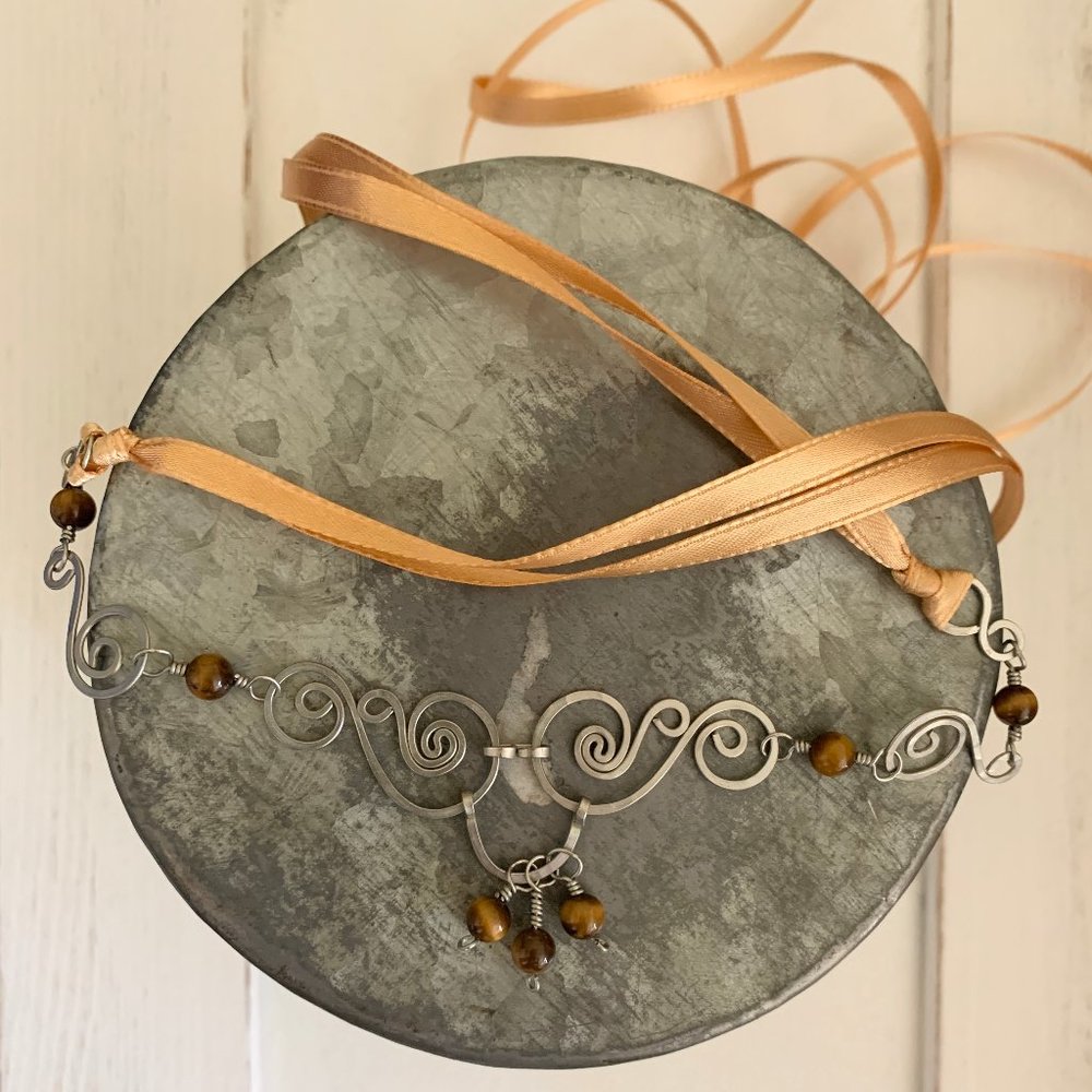 Silver Head Necklace / Headpiece with Gold Ribbon